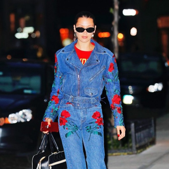 Rose Embroidered Denim Moto Jacket - Picture 6 of 9